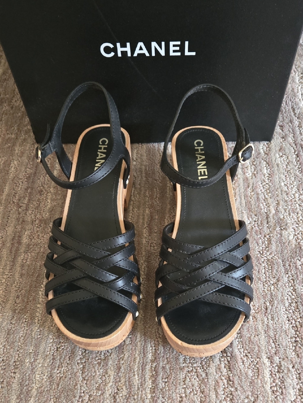 CHANEL Black Leather Crisscross Wedge Sandals with Natural Cork/Wood Sole